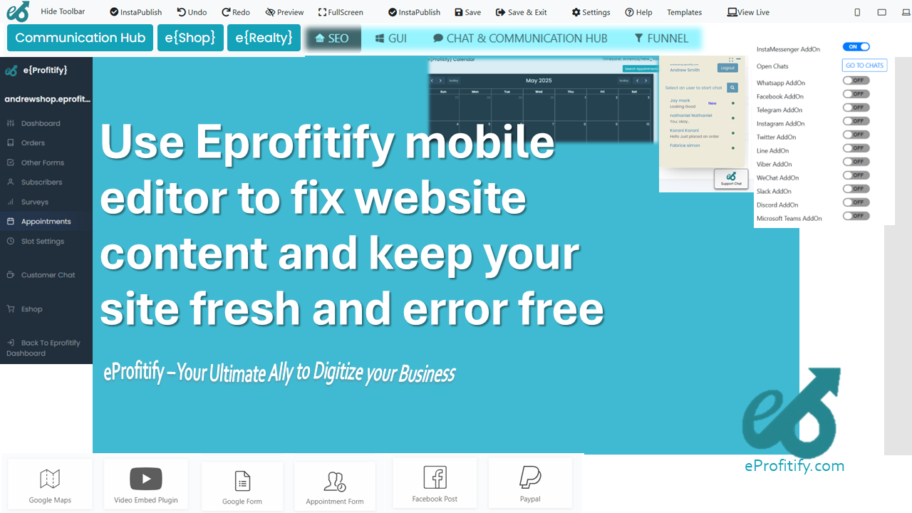 Use Eprofitify mobile editor to fix website content and keep your site fresh and error free